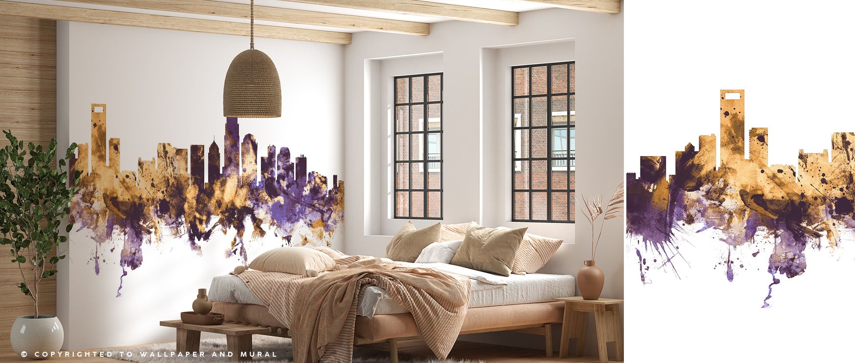Golden highlights shimmer within Charlotte North Carolina Skyline Purple & Gold Wallpaper, surrounding interiors like bedrooms, offices, or living rooms with cultural presence, regal elegance, and luminous sophistication inspired by heritage design. 