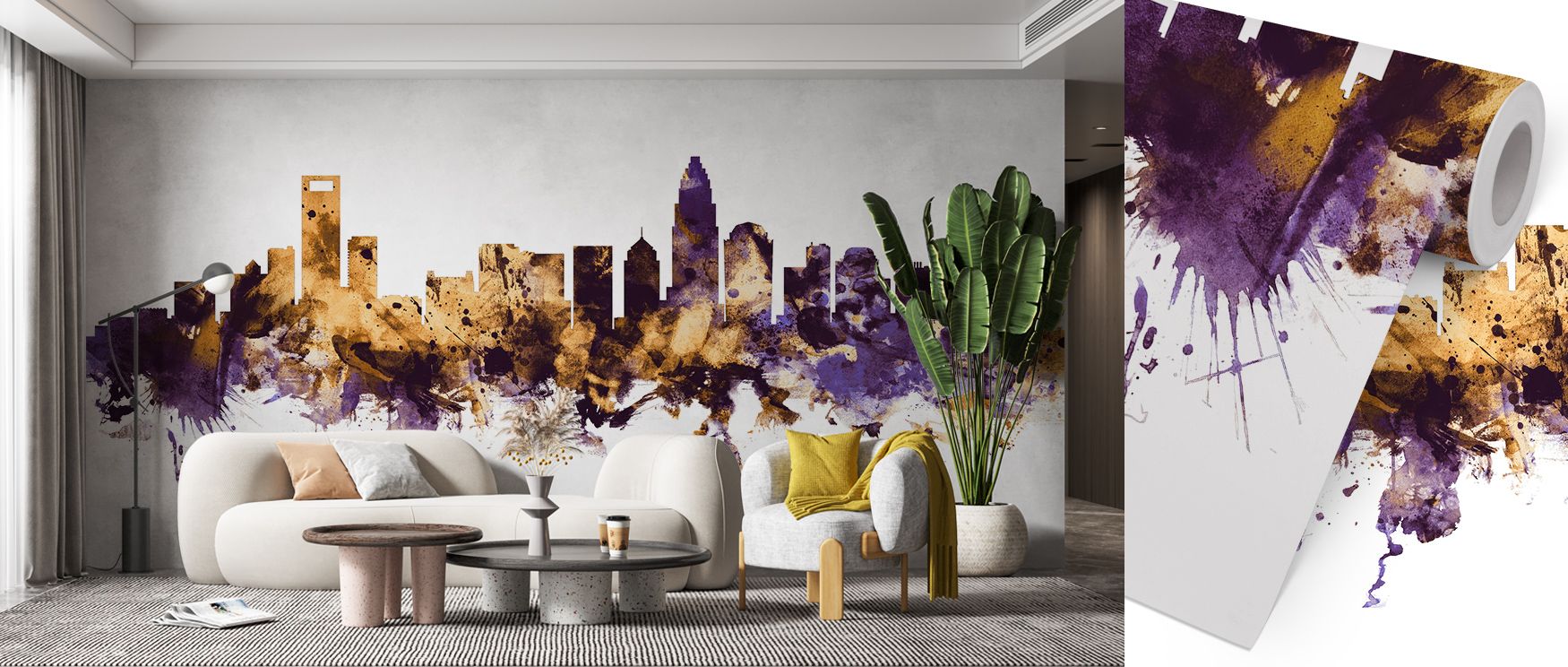 Charlotte North Carolina Skyline Purple & Gold Wallpaper embodies refinement through radiant tones, filling bedrooms, offices, or living rooms with cultural grandeur, regal charm, and timeless beauty expressed through glowing rooftops and violet horizons.
