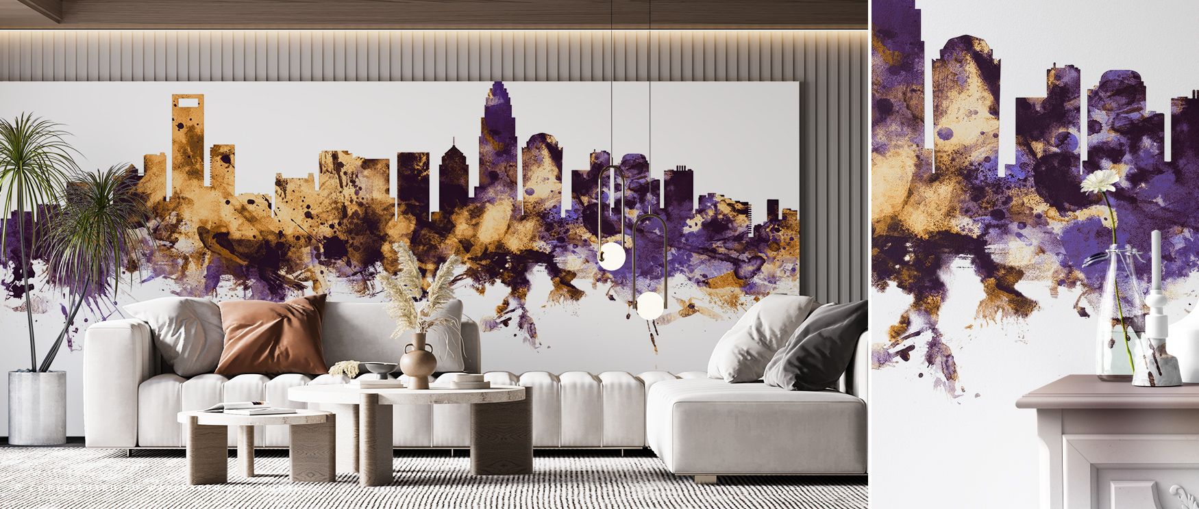 Charlotte North Carolina Skyline Purple & Gold Wallpaper layers regal tones across rooftops, surrounding bedrooms, offices, or living rooms with sophisticated charm, cultural artistry, and timeless atmosphere inspired by heritage. 