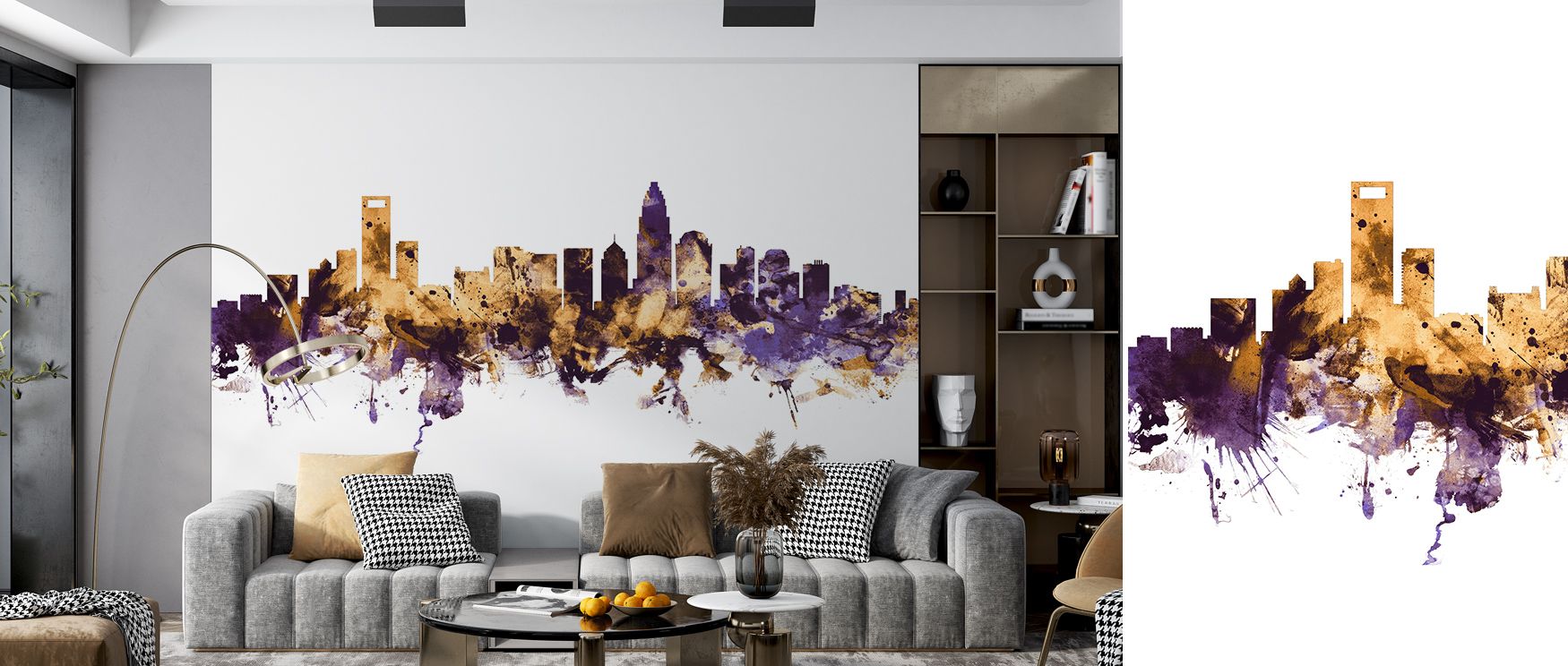 Heritage artistry shines within Charlotte North Carolina Skyline Purple & Gold Wallpaper, surrounding bedrooms, offices, or living rooms with regal energy, luminous presence, and timeless cultural refinement expressed through skyline silhouettes. 