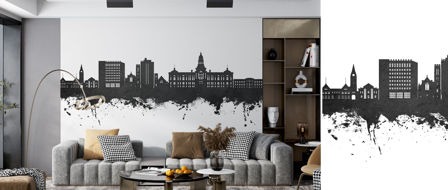 The Cheyenne Wyoming Skyline Black & White Wallpaper embodies timeless elegance, surrounding bedrooms, offices, or living rooms with refined artistry, historic charm, and serene sophistication through monochrome skyline design. 