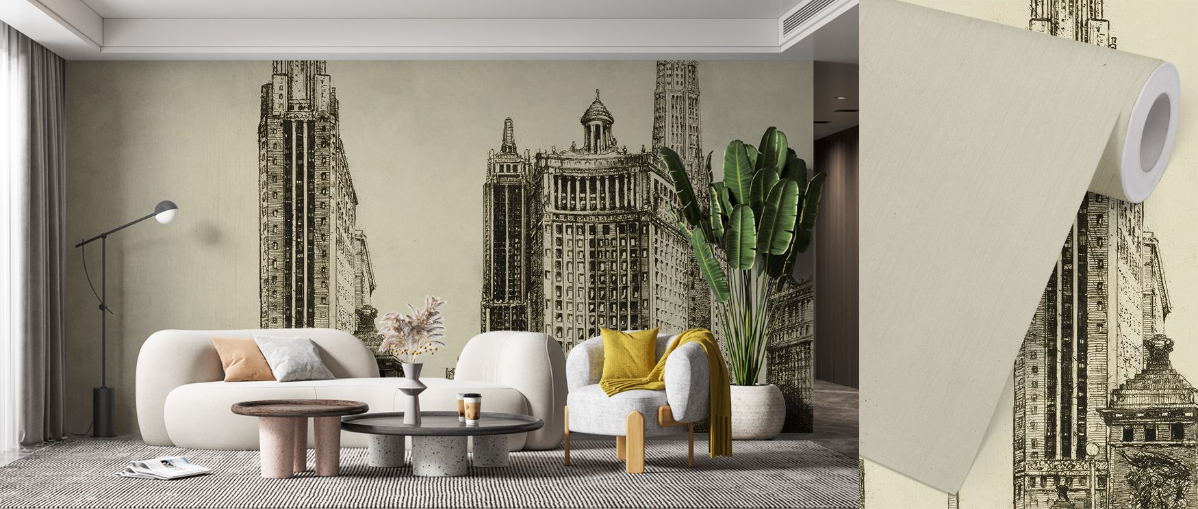Chicago, the Gateway Illustration Wallpaper expresses cultural charm, surrounding bedrooms, offices, or living rooms with creative artistry, refined elegance, and urban energy expressed through illustrated skyline details. 