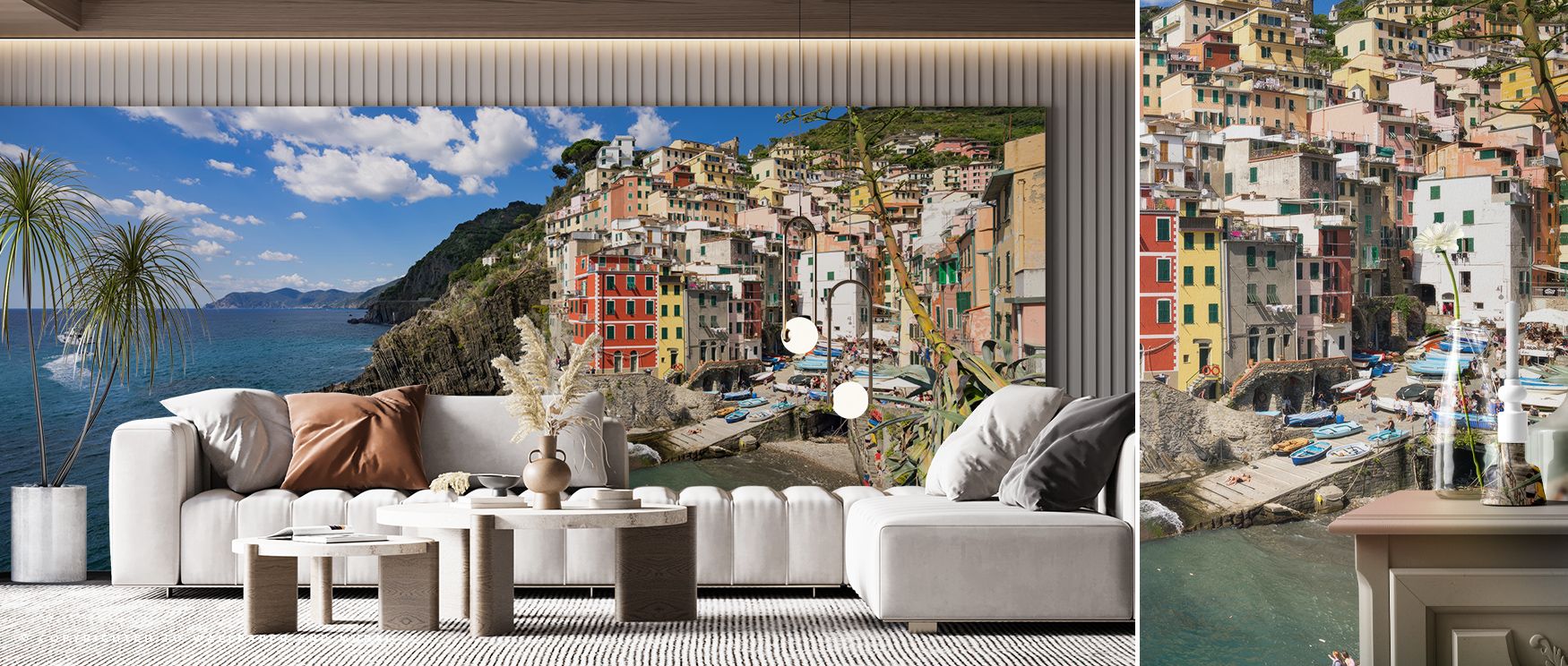 Vibrant houses glow in Cinque Terre Excursion Wallpaper, filling bedrooms, offices, or living rooms with natural serenity, cultural charm, and coastal energy that celebrate Italy’s picturesque heritage and timeless beauty. 
