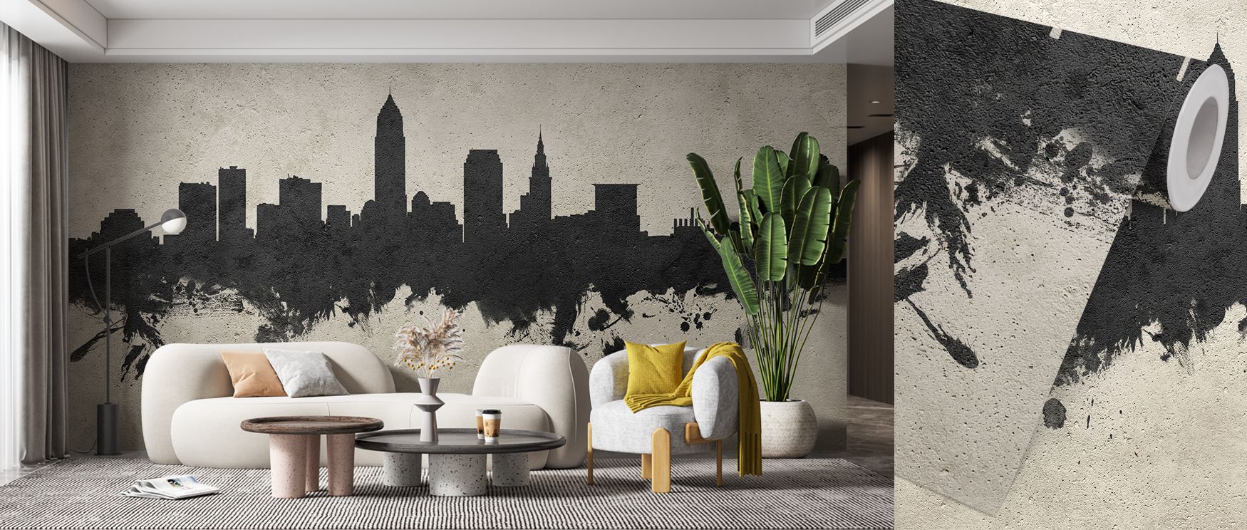 Cleveland Ohio Skyline Concrete Wallpaper reflects urban identity, where textured tones highlight rooftops, surrounding living rooms, offices, or lofts with grit, cultural refinement, and timeless industrial beauty that enrich interiors. 