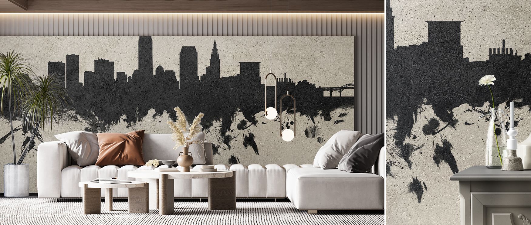Industrial grit flows through Cleveland Ohio Skyline Concrete Wallpaper, surrounding living rooms, offices, or lofts with cultural strength, architectural detail, and timeless artistry expressed in concrete skyline design. 