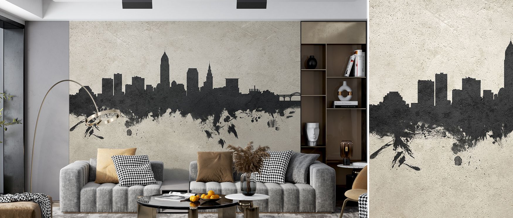 Cleveland Ohio Skyline Concrete Wallpaper embodies grit and elegance, surrounding living rooms, offices, or lofts with raw presence, industrial artistry, and cultural refinement inspired by skyline silhouettes. 