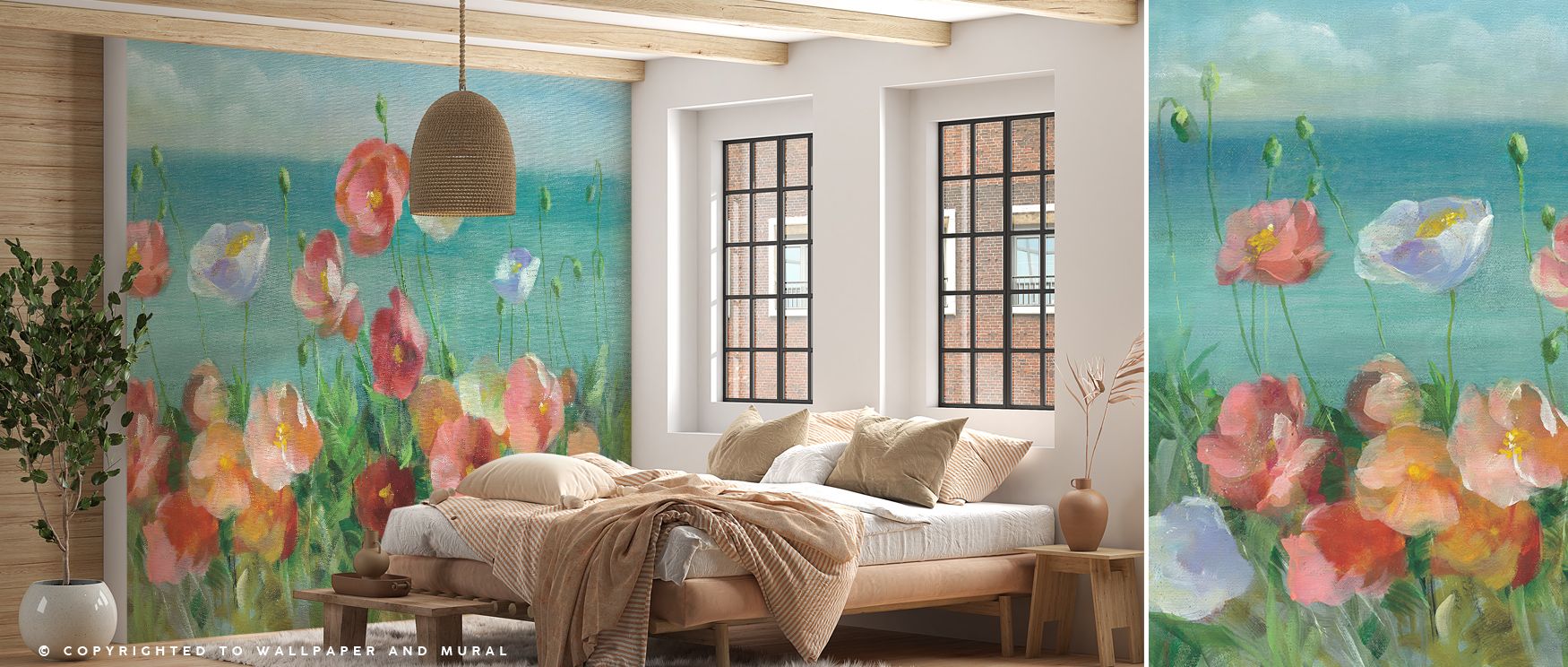 Coastal Poppies Wallpaper radiates floral charm, where blossoms spread across soft tones, surrounding bedrooms, bathrooms, or living rooms with serenity, balance, and natural beauty inspired by the freshness of coastal landscapes and timeless elegance of 