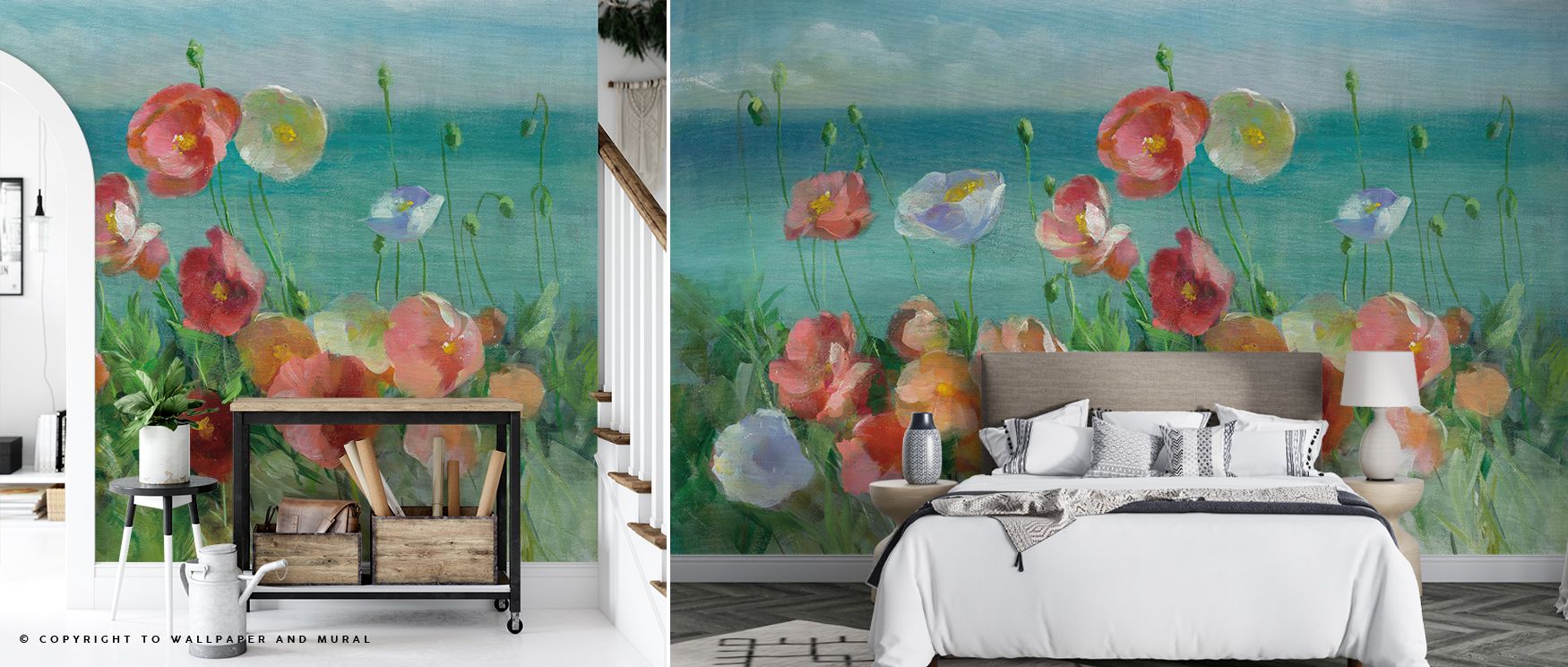 Coastal Poppies Wallpaper expresses harmony through floral detail, surrounding bedrooms, bathrooms, or living rooms with elegance, serenity, and timeless charm that celebrate the balance of natural beauty and coastal inspiration. 