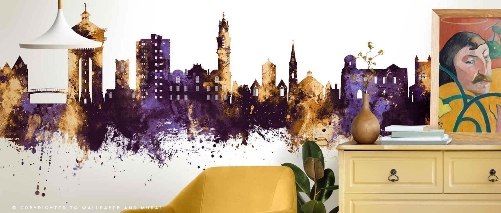 Golden highlights glow across Colchester England Skyline Purple & Gold Wallpaper, surrounding bedrooms, offices, or living rooms with cultural refinement, regal beauty, and timeless presence inspired by heritage and artistry of skyline design. 