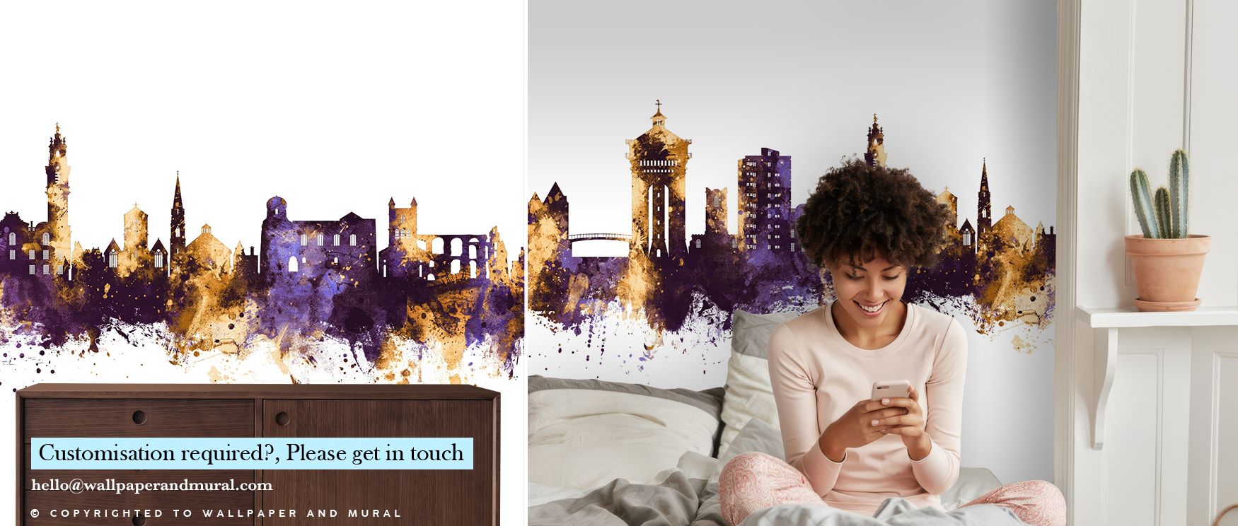 Colchester England Skyline Purple & Gold Wallpaper radiates regal beauty, surrounding bedrooms, offices, or living rooms with cultural elegance, refined charm, and timeless sophistication expressed through heritage-inspired tones of purple and luminous go