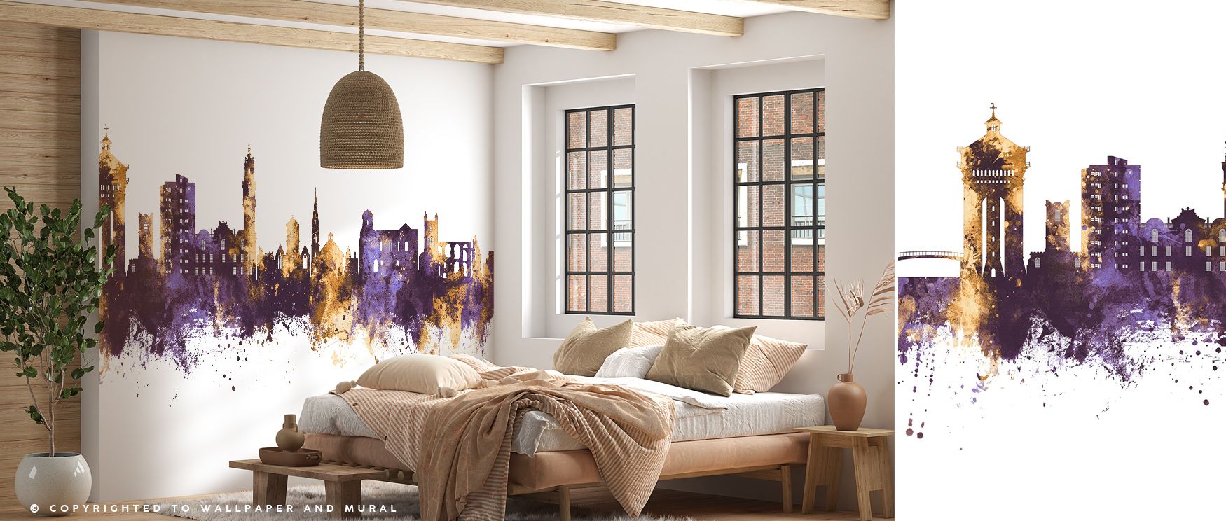 Colchester England Skyline Purple & Gold Wallpaper embodies cultural sophistication, surrounding bedrooms, offices, or living rooms with regal tones, luminous highlights, and timeless heritage charm that enrich interiors with refined beauty. 
