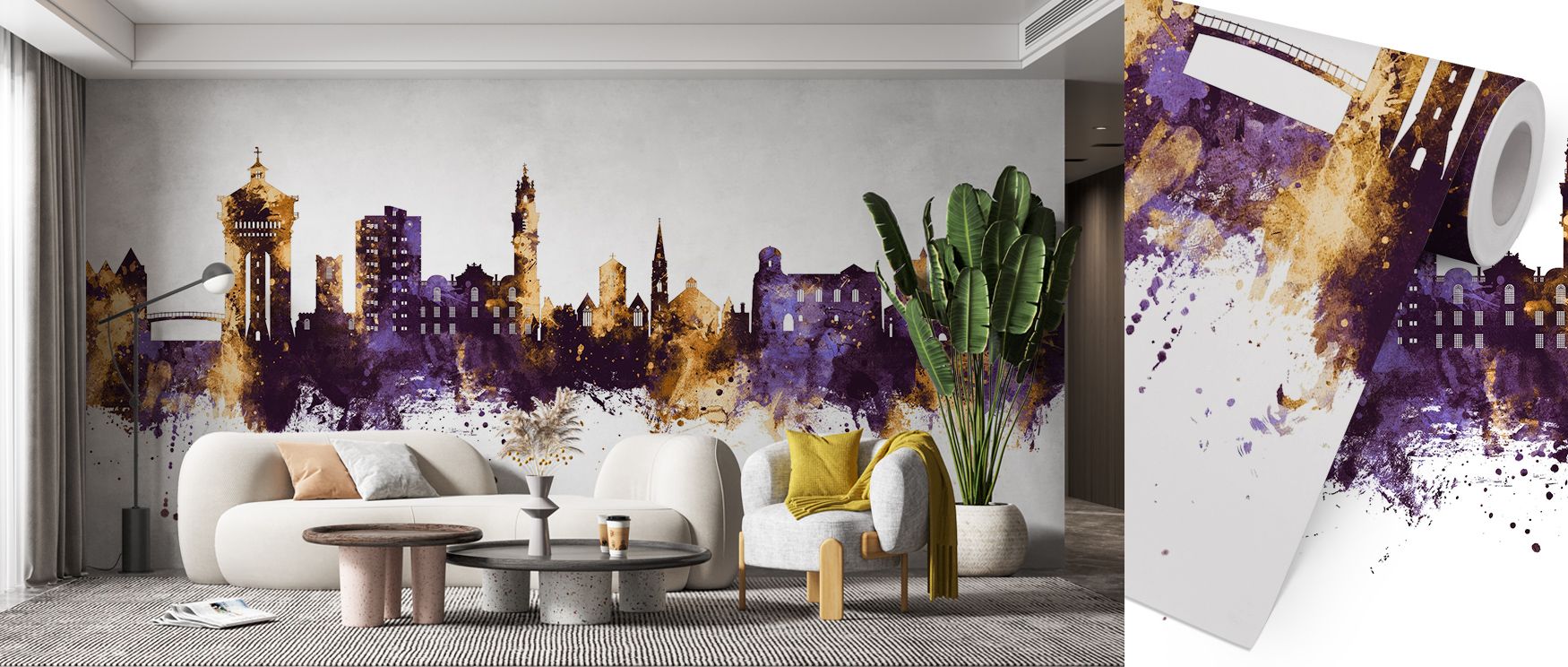 Regal charm defines Colchester England Skyline Purple & Gold Wallpaper, surrounding bedrooms, offices, or living rooms with cultural elegance, luminous sophistication, and timeless refinement inspired by architectural heritage. 