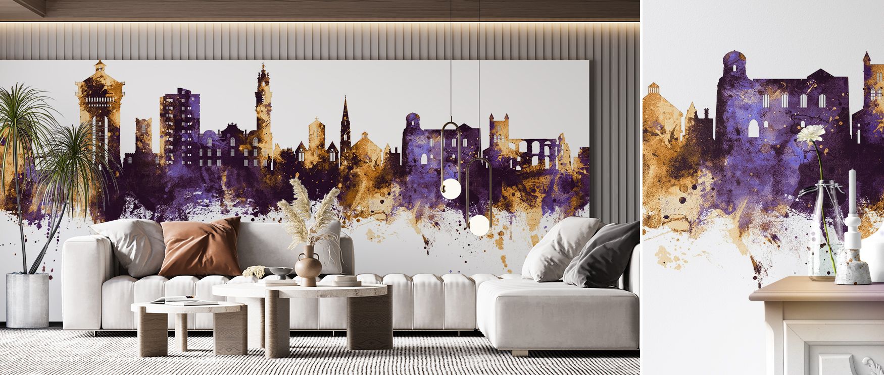 Colchester England Skyline Purple & Gold Wallpaper layers purple shadows and golden tones, surrounding bedrooms, offices, or living rooms with regal refinement, cultural artistry, and timeless atmosphere that elevates interiors. 