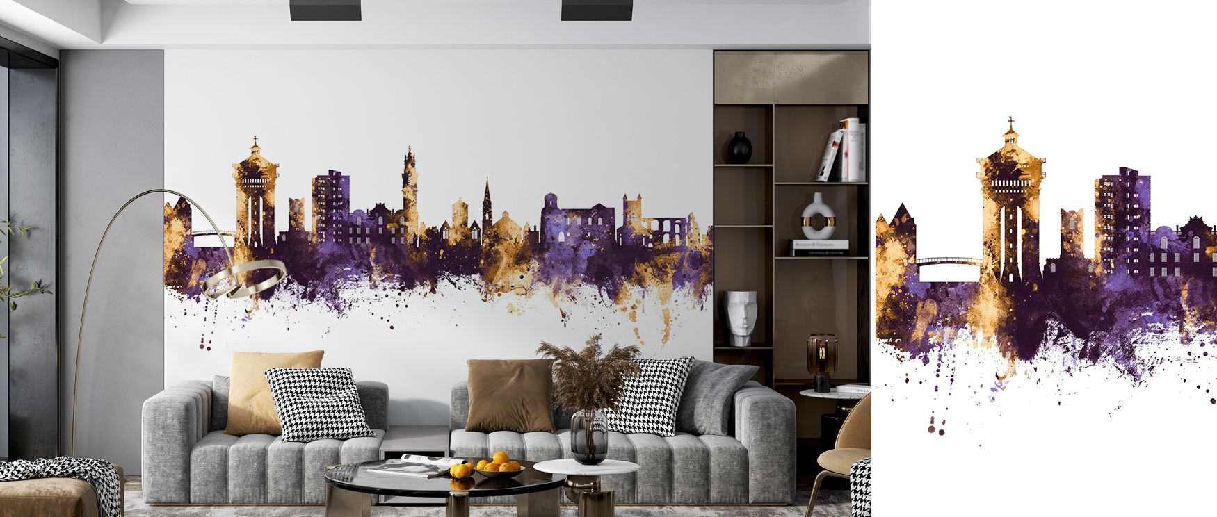 The Colchester England Skyline Purple & Gold Wallpaper glows with luminous detail, surrounding bedrooms, offices, or living rooms with regal presence, cultural refinement, and timeless heritage-inspired beauty. 