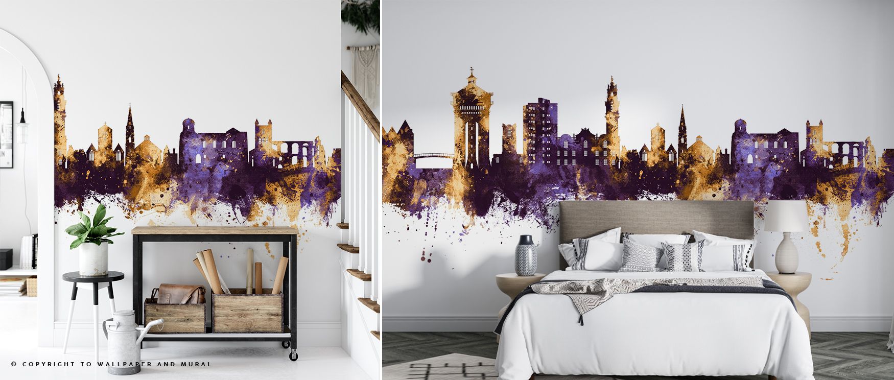 Colchester England Skyline Purple & Gold Wallpaper creates regal atmosphere, surrounding bedrooms, offices, or living rooms with luminous charm, heritage artistry, and timeless cultural refinement inspired by skyline silhouettes. 