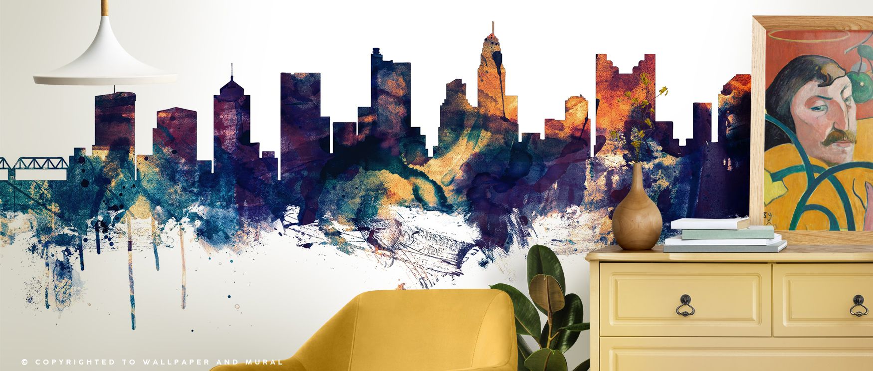 Columbus Ohio Skyline Blue & Bronze Wallpaper radiates cultural refinement, where bronze rooftops glow against blue horizons, surrounding bedrooms, offices, or living rooms with elegance, sophistication, and timeless artistry inspired by city design. 