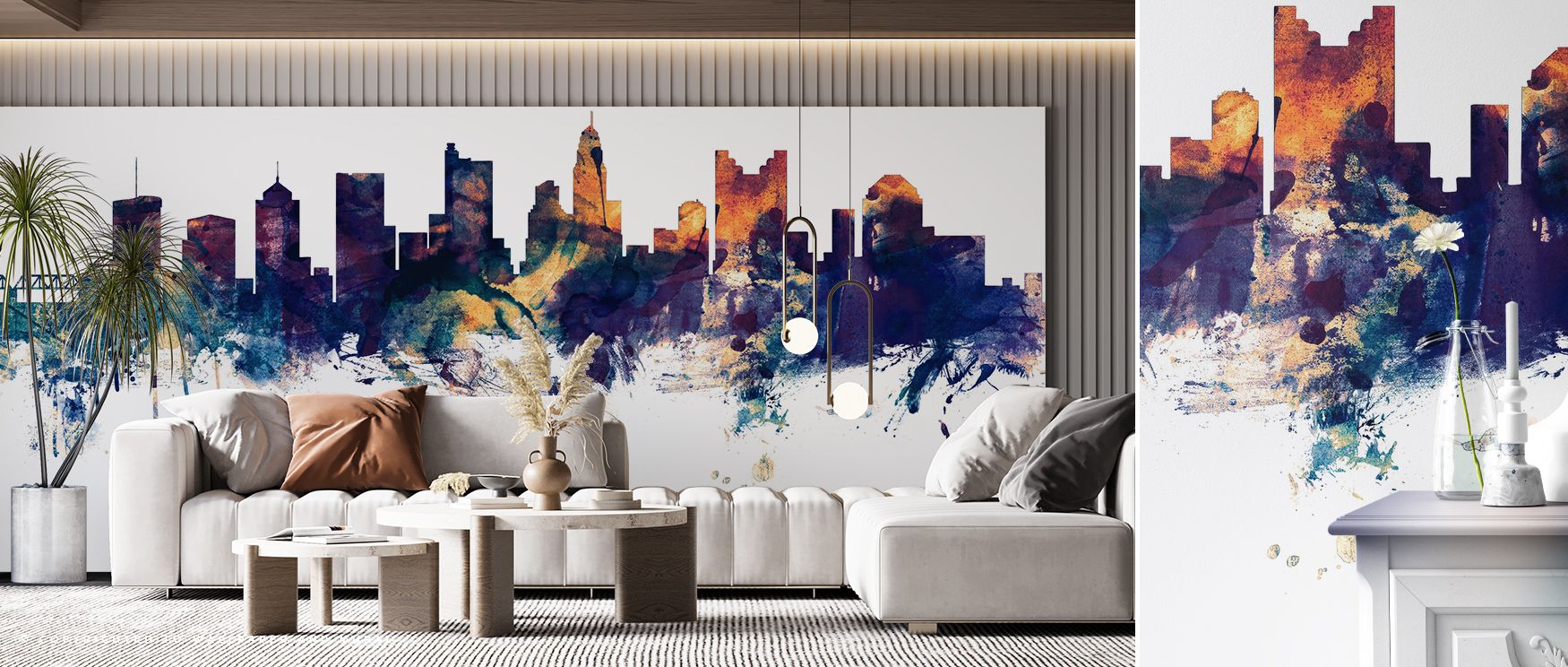 The Columbus Ohio Skyline Blue & Bronze Wallpaper layers elegance across rooftops and shadows, surrounding bedrooms, offices, or living rooms with cultural refinement, sophistication, and timeless charm rooted in heritage design. 