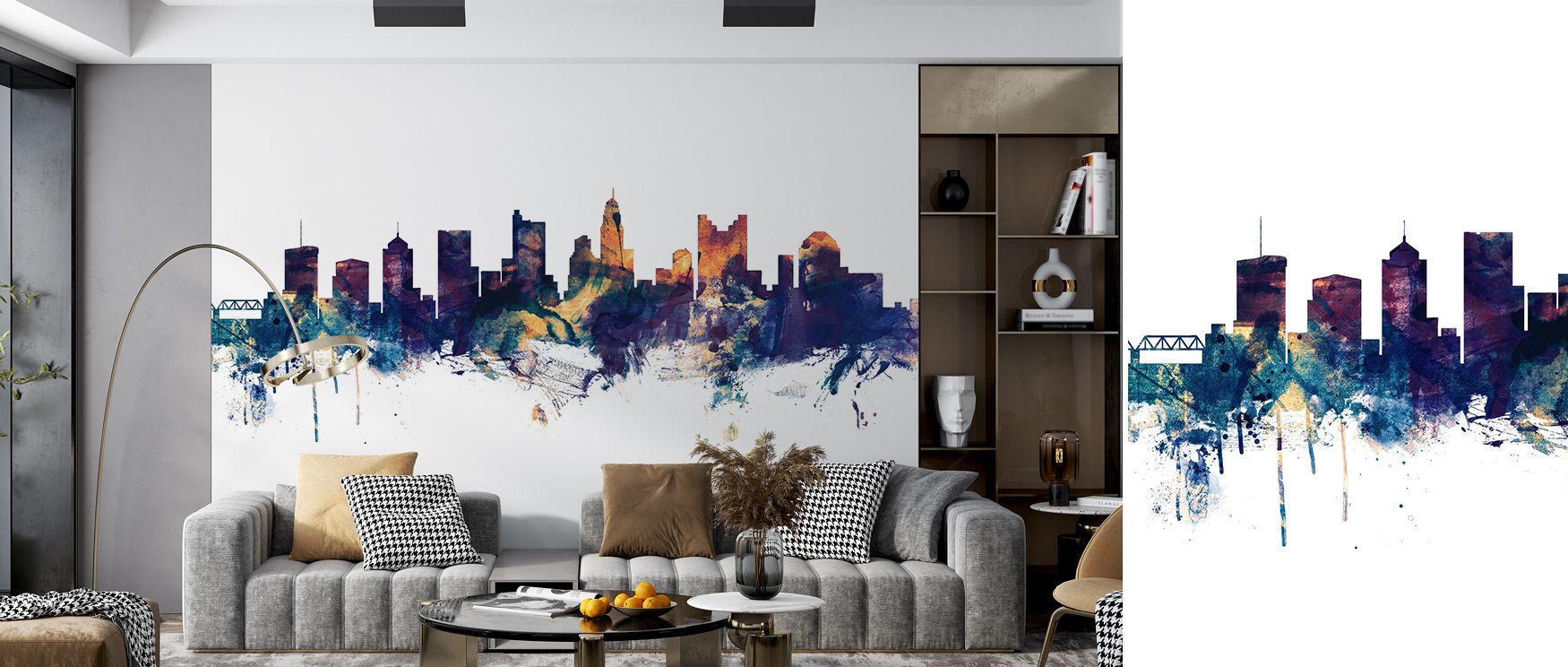 Columbus Ohio Skyline Blue & Bronze Wallpaper reflects cultural artistry, surrounding bedrooms, offices, or living rooms with luminous presence, timeless elegance, and sophistication that enrich interiors. 