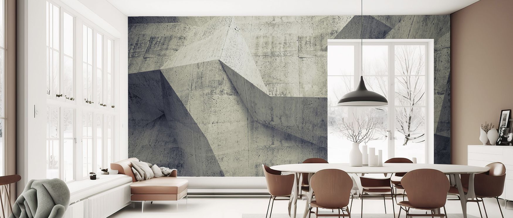 Geometric forms flow within Concrete Shapes Warm Gray Wallpaper, creating harmony across walls that enrich interiors with elegance, balance, and refined atmosphere drawn from minimal artistry. 