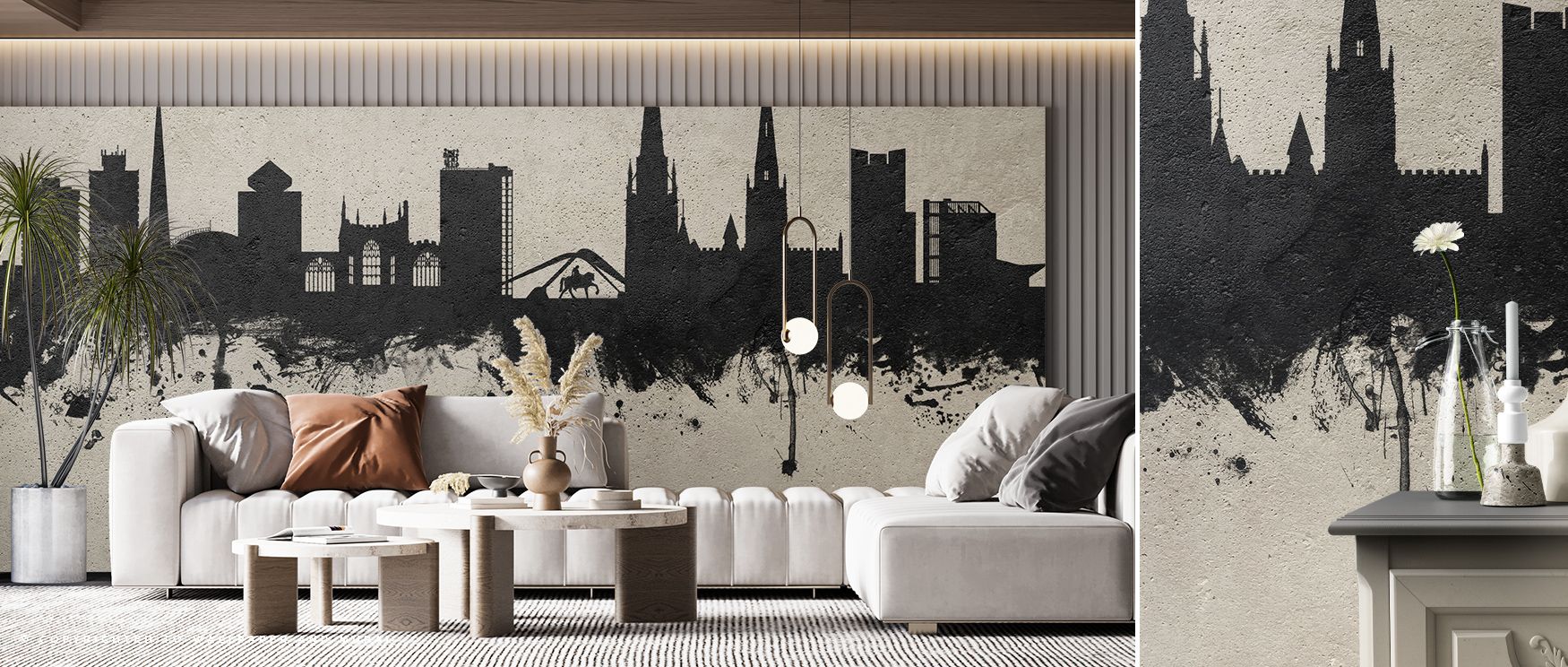 Coventry England Skyline Concrete Wallpaper unfolds with strong lines and textured depth, suggesting permanence and cultural strength. Its cityscape composition highlights grit and creativity, layering walls with urban richness. The mood it brings is bold