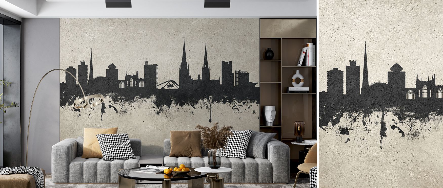 Silhouettes of Coventry rise across textured surfaces in this wallpaper, creating a commanding visual rhythm. The interplay between skyline and concrete brings modern industrial strength to interiors. The atmosphere feels robust, layered with architectura