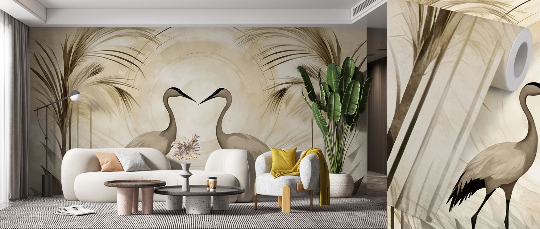 The design of Cranes at Sunset Yellow Wallpaper reflects light and grace, each detail shaped with care. Warm hues amplify its tranquility, creating mood that feels contemplative yet radiant. Birds carry meaning of peace, adding narrative depth to interior