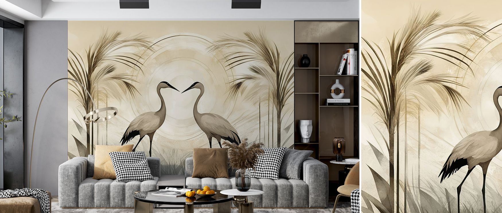 In Cranes at Sunset Yellow Wallpaper, layers of light frame elegant cranes, producing atmosphere of softness and depth. The design suggests both stillness and motion, reflecting natural harmony. Its artistry elevates interiors with quiet beauty. Perfect f
