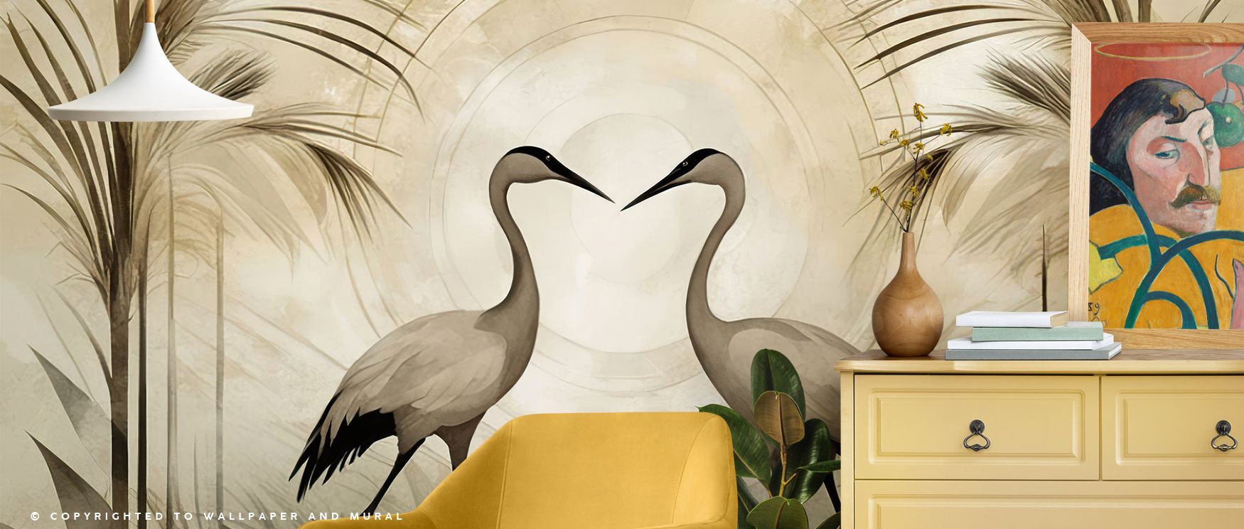 Poetic serenity emerges within Cranes at Sunset Yellow Wallpaper, where each crane in flight appears like brushstroke across the sky. Yellow tones enrich the setting, encouraging reflection and stillness. The wallpaper creates connection between art and n