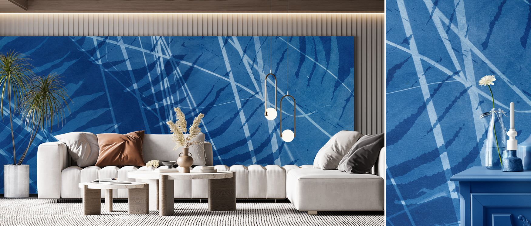 Cyanotype Lines Wallpaper conveys energy through flowing linear motifs. Its imagery balances abstract movement with serenity, evoking modern inspiration. This wallpaper enriches interiors with refined depth, suitable for bedrooms, offices, or living rooms