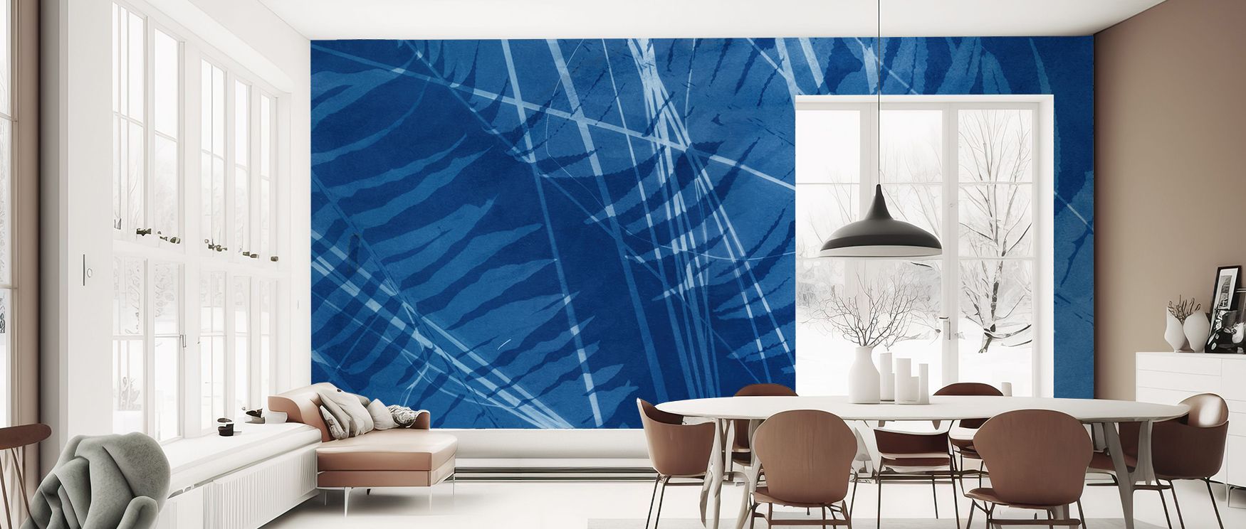 Layers of artistry define Cyanotype Lines Wallpaper, with bold lines creating poetic rhythm across deep blue surfaces. The atmosphere feels tranquil yet expressive, offering interiors balance of strength and creativity. Perfect for offices, bedrooms, or l