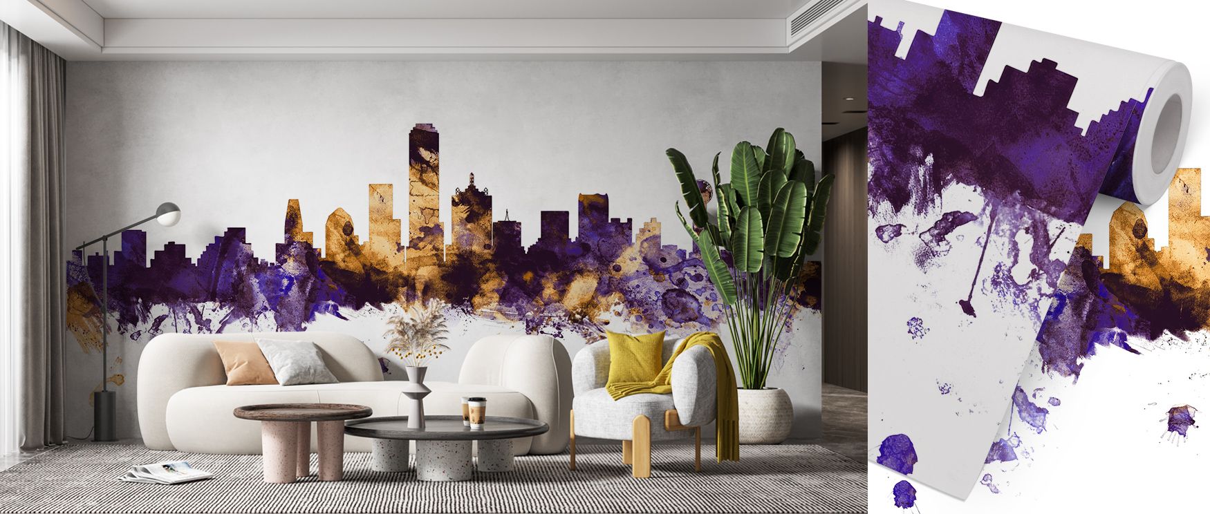 Dallas Skyline Purple & Gold Wallpaper conveys cultural identity through radiant tones. The skyline imagery reflects richness, inspiring interiors with elegance and calm grandeur. Suitable for living rooms, bedrooms, or offices, it shapes spaces filled wi