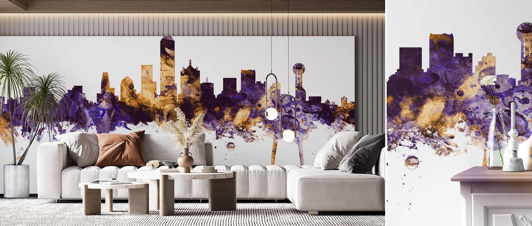 Luminous contrasts define Dallas Skyline Purple & Gold Wallpaper, where spires glow against deep hues. The mood is powerful yet refined, enriching interiors with artistry. Perfect for offices, living rooms, or bedrooms, it adds presence shaped by culture 