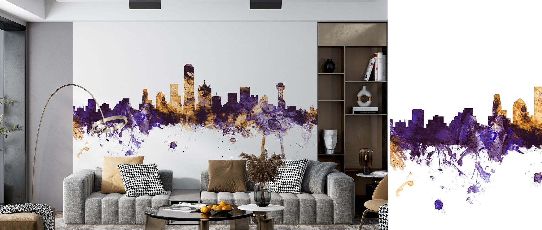Dallas Skyline Purple & Gold Wallpaper expresses strength and luxury, with glowing tones highlighting every tower. Its imagery celebrates culture and heritage while maintaining calm sophistication. Interiors such as bedrooms, offices, or living rooms gain