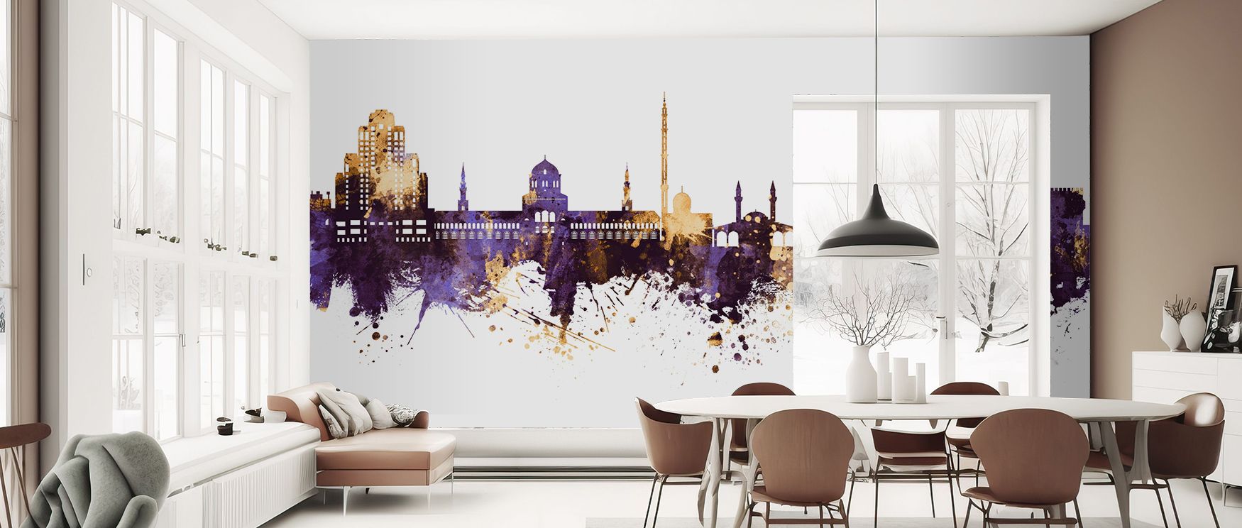 Damascus Skyline Purple & Gold Wallpaper reflects elegance through luminous tones, where architecture becomes focal point of artistry. Its imagery conveys grandeur, making interiors sophisticated. Ideal for living rooms, bedrooms, or offices, it shapes wa