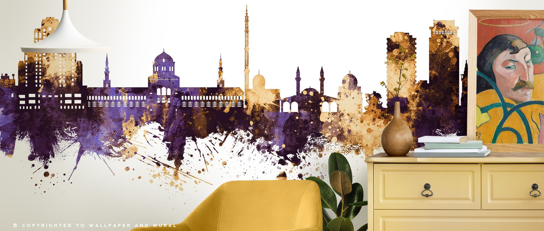Damascus Syria Skyline Purple & Gold Wallpaper merges heritage with luxury, as bold tones illuminate architecture. Purple depth balances golden brilliance, giving interiors grandeur. Bedrooms, living rooms, or offices gain richness and pride, creating spa
