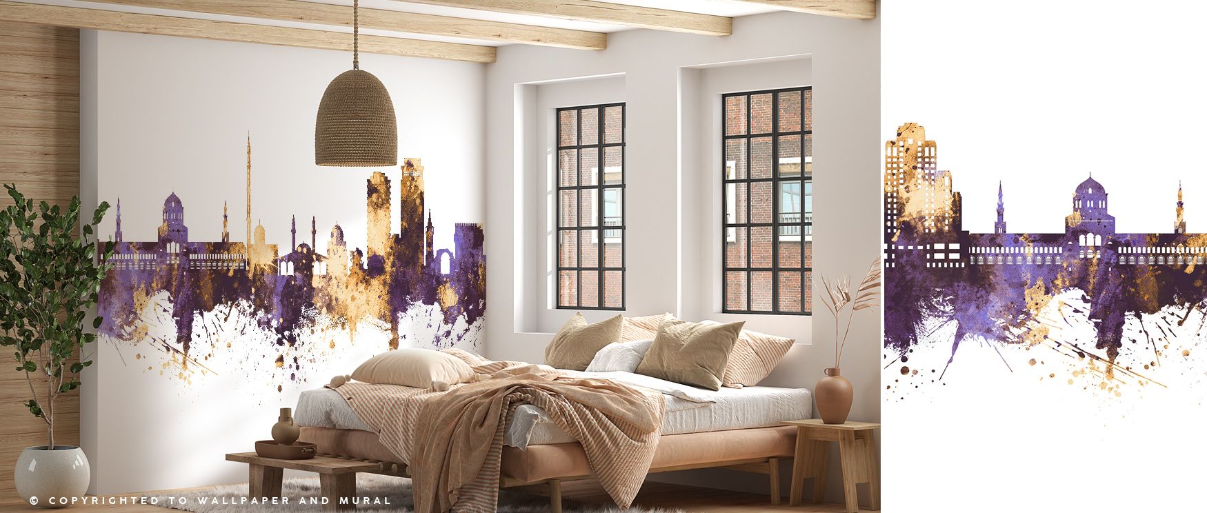Within Damascus Syria Skyline Purple & Gold Wallpaper, towers rise against radiant skies, their forms highlighted with luxurious detail. The mood reflects history, while tones enrich atmosphere with depth. For offices, bedrooms, or living rooms, it enhanc