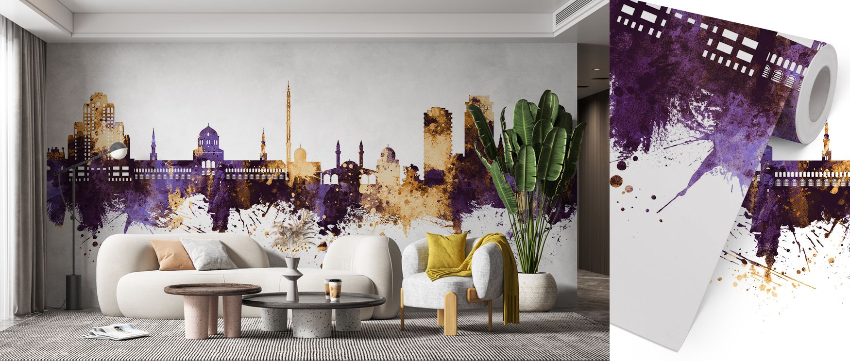 Damascus Syria Skyline Purple & Gold Wallpaper portrays architectural grace through vibrant tones. Purple creates depth while gold highlights brilliance, producing mood of strength. Its artistry transforms bedrooms, living rooms, or offices into spaces of