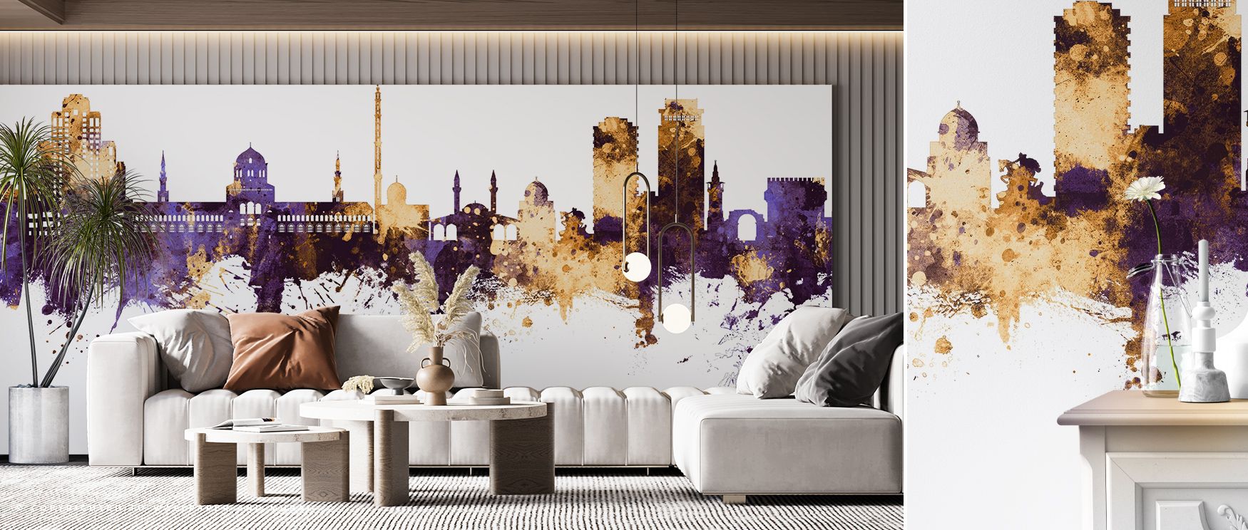 Bold and luminous contrasts define Damascus Skyline Purple & Gold Wallpaper, offering atmosphere both elegant and commanding. Its imagery evokes richness and heritage, perfect for offices, bedrooms, or living rooms. The wallpaper enriches walls with timel