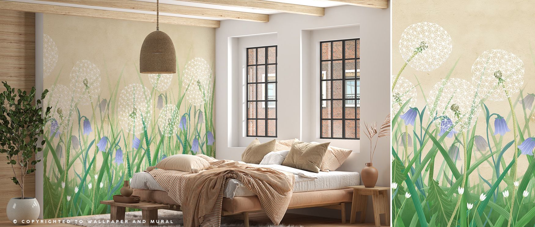 Dandelion Meadow, Sand Wallpaper portrays fields of soft beauty, where delicate forms create balance between calmness and detail. The design evokes nature’s quiet rhythm, adding warmth and harmony. Its sandy palette feels refined and subtle, making living