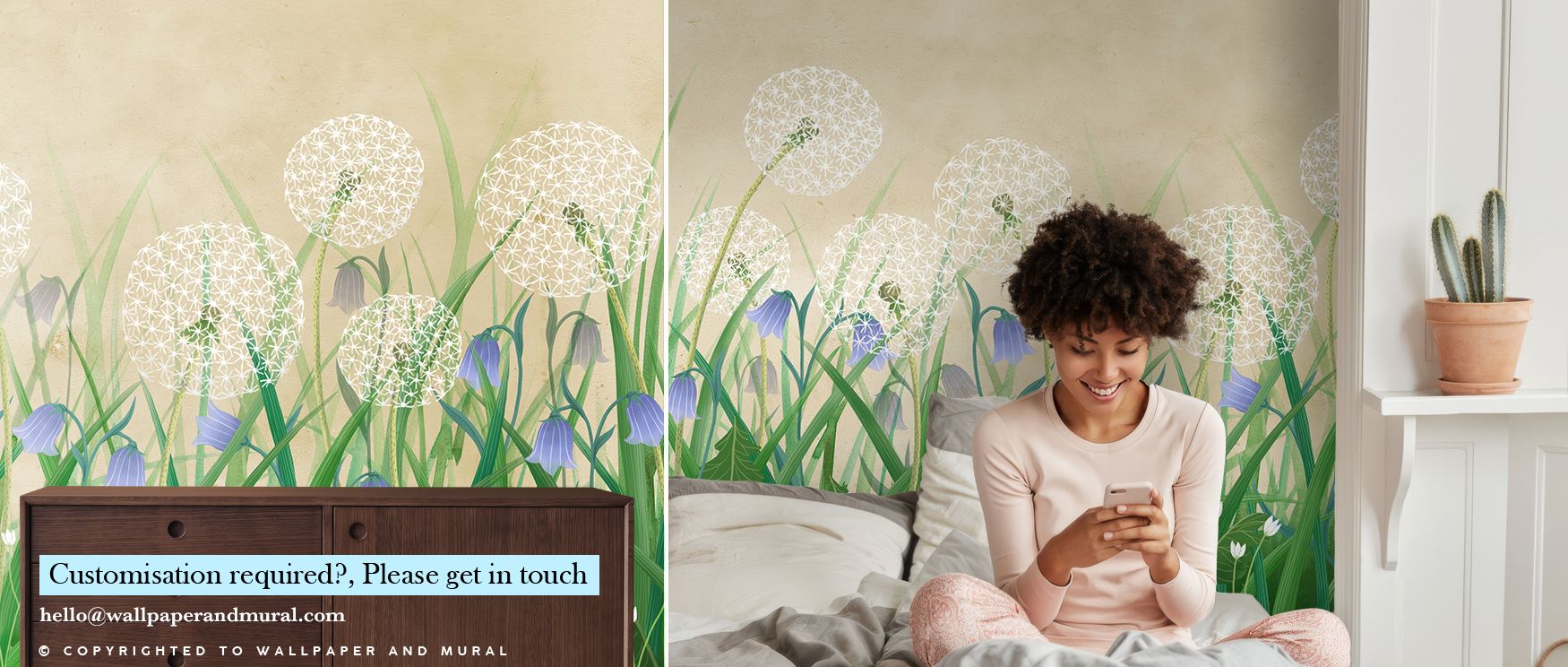 With flowing patterns, Dandelion Meadow, Sand Wallpaper carries tranquility, as dandelions scatter across surfaces in gentle rhythm. The tones feel peaceful yet dynamic, enhancing interiors with artistry and grace. Perfect for offices, bedrooms, or living