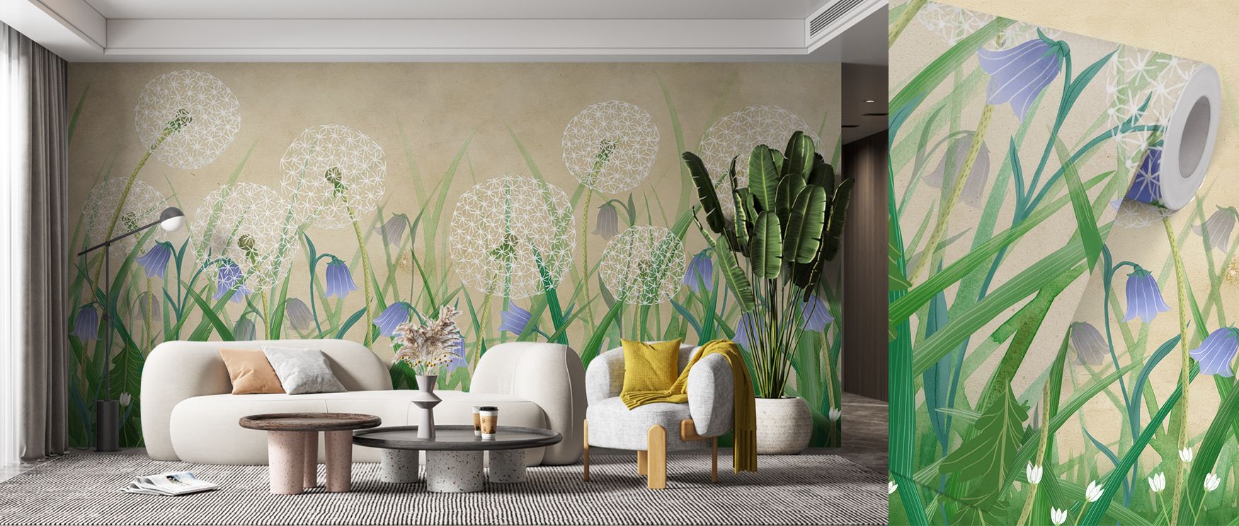 Dandelion Meadow, Sand Wallpaper embodies organic grace, with petals unfolding in harmony. Its sandy hues suggest timeless tranquility, while its arrangement fosters reflection. The design makes bedrooms, living rooms, or offices into gentle environments 
