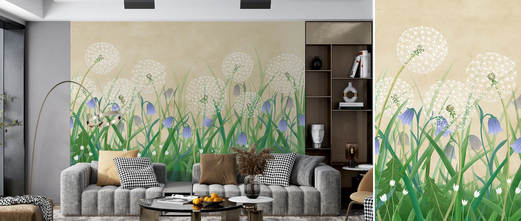 Patterns of softness unfold in Dandelion Meadow, Sand Wallpaper, where petals drift across surfaces with fluidity. Its tones create mood of calm, enhancing offices, bedrooms, or living rooms. The wallpaper embodies serenity, turning interiors into natural