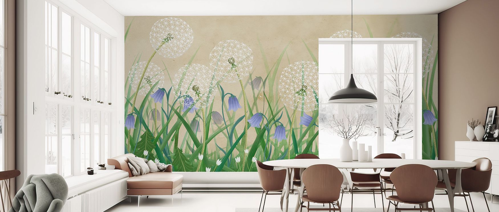 Dandelion Meadow, Sand Wallpaper enriches walls with flowing imagery that feels serene yet expressive. The sandy background builds atmosphere of warmth, while dandelions carry grace. Perfect for living rooms, bedrooms, or offices, it adds tranquility and 