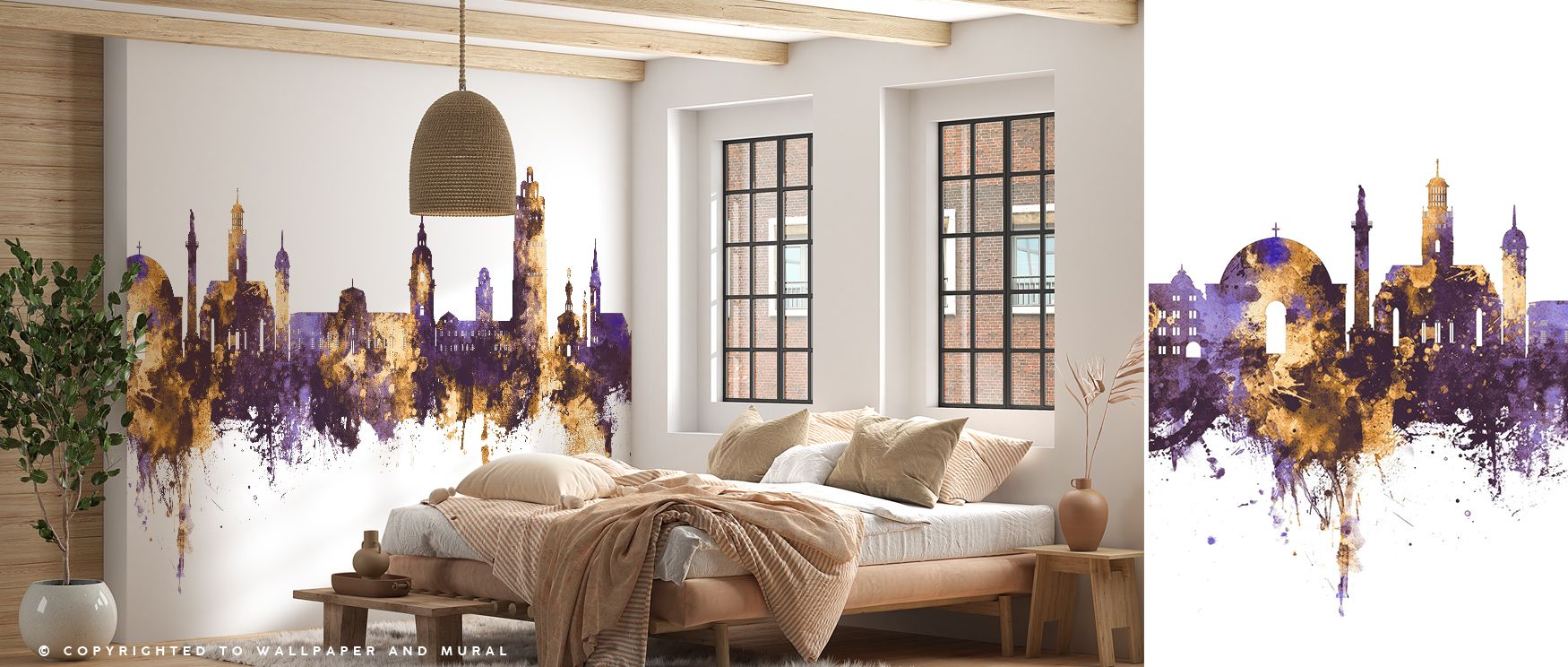 Darmstadt Skyline Purple & Gold Wallpaper portrays urban elegance, where towers glow in radiant tones. Purple and gold contrasts reflect strength, building mood of cultural charm. Its imagery enhances living rooms, bedrooms, or offices with refined atmosp
