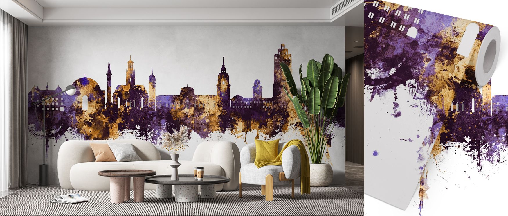 Darmstadt Skyline Purple & Gold Wallpaper conveys atmosphere of luxury through vibrant tones. Its composition feels radiant yet calm, enriching bedrooms, offices, or living rooms. The imagery connects interiors with cultural identity, offering balance of 