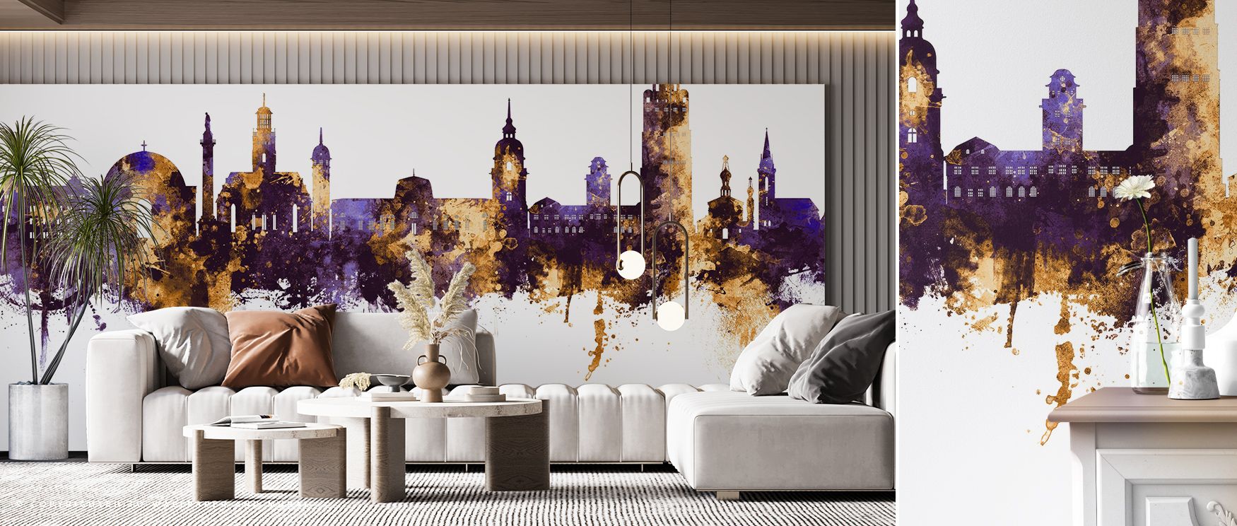 Purple richness and golden brilliance define Darmstadt Skyline Purple & Gold Wallpaper, where towers rise with strength. The design builds presence, shaping interiors with heritage pride. Ideal for living rooms, bedrooms, or offices, it reflects timeless 
