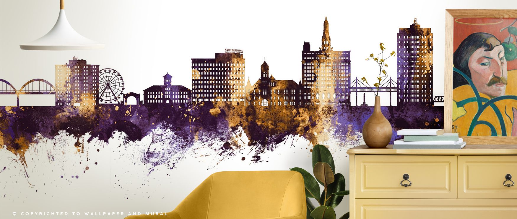 Dayton Ohio Skyline Purple & Gold Wallpaper enhances interiors with grandeur, offering mood that blends strength and calm. Its tones reflect cultural charm, inspiring bedrooms, living rooms, or offices with richness. The design conveys timeless elegance w