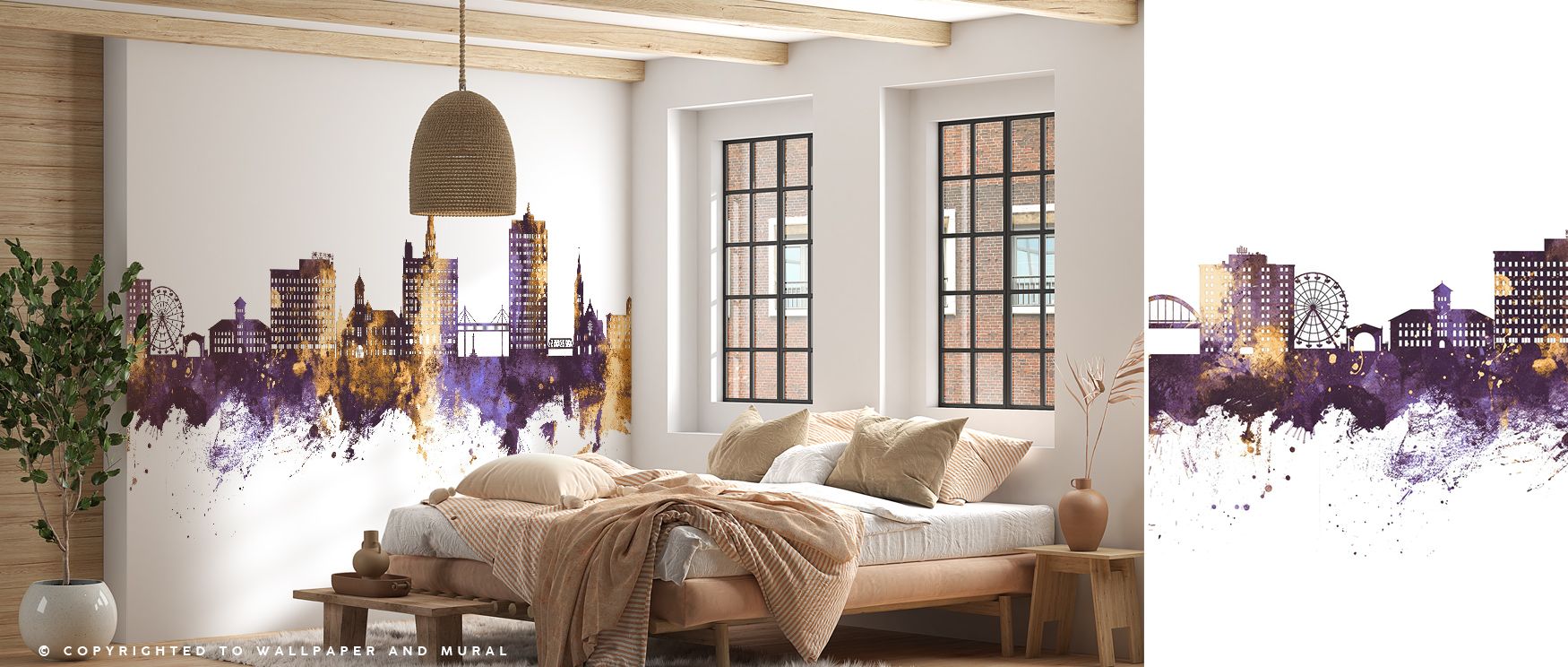 Dayton Ohio Skyline Purple & Gold Wallpaper celebrates cultural pride through luminous palette, with purple tones adding depth and gold radiance enhancing detail. The imagery conveys elegance, transforming bedrooms, offices, or living rooms into cultural 
