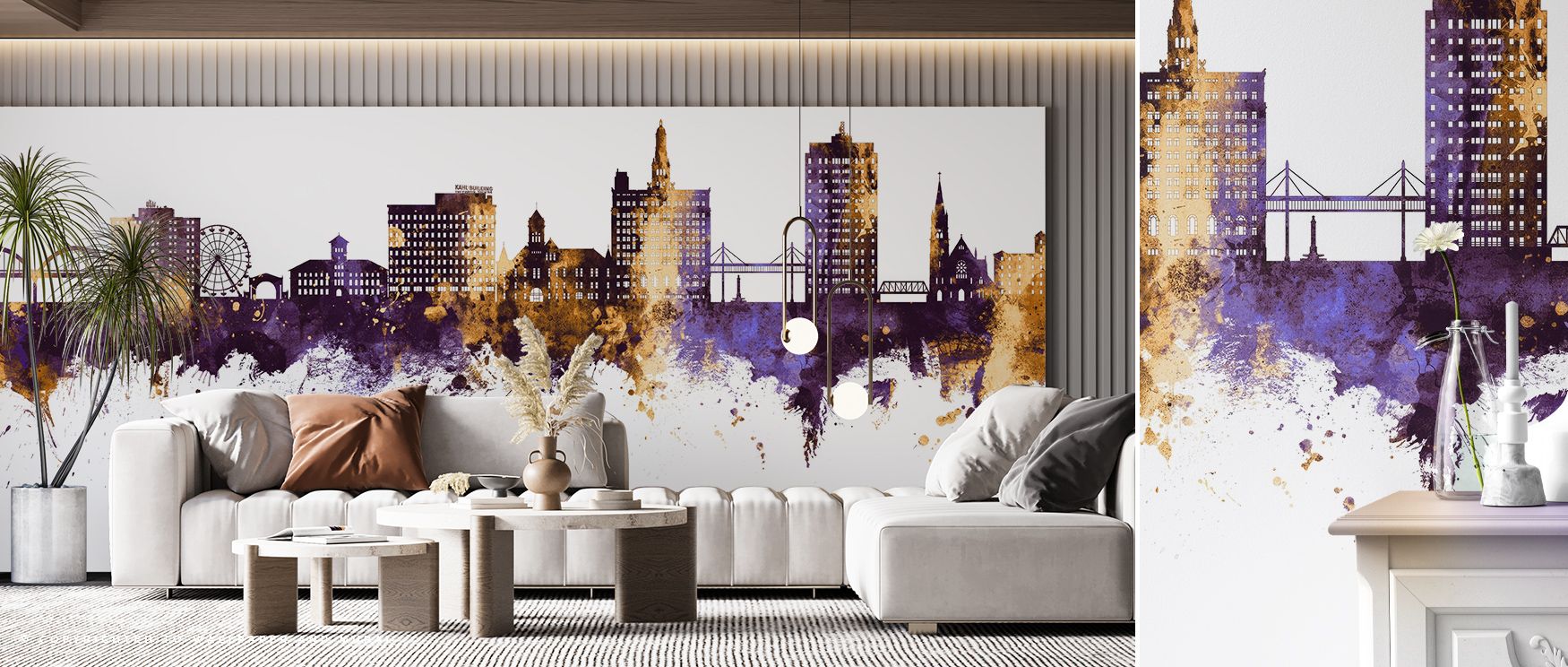 Dayton Ohio Skyline Purple & Gold Wallpaper conveys timeless charm through vibrant palette. Purple richness suggests depth, while golden brilliance creates presence. For living rooms, bedrooms, or offices, it enhances interiors with cultural resonance and