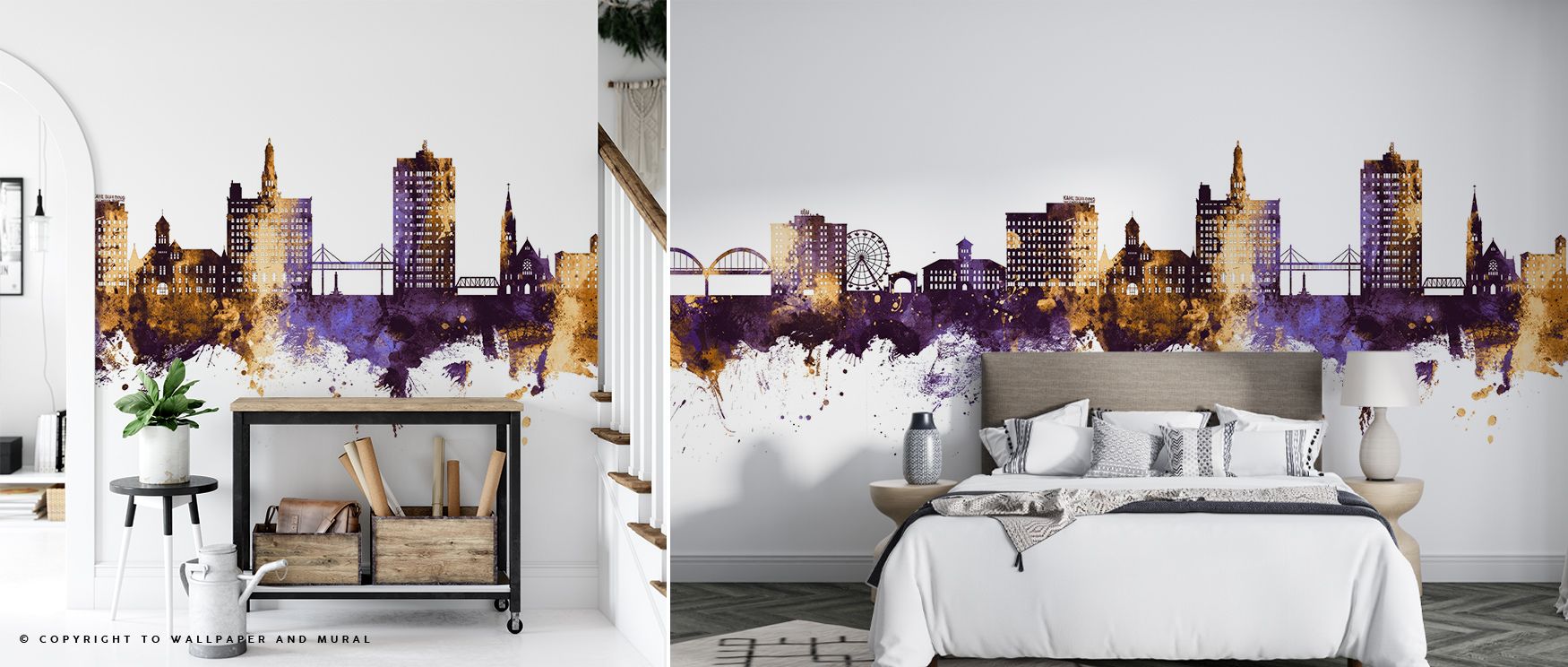 Across Dayton Ohio Skyline Purple & Gold Wallpaper, towers glow in vibrant tones. The design feels luxurious, yet balanced with calmness. Suitable for offices, living rooms, or bedrooms, it enriches walls with atmosphere shaped by urban artistry. 